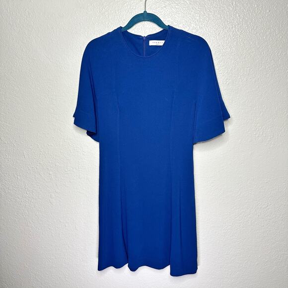 Sandro Paris Yoko Fluted Crepe Mini Dress Blue Women 3 Large - Picture 2 of 10